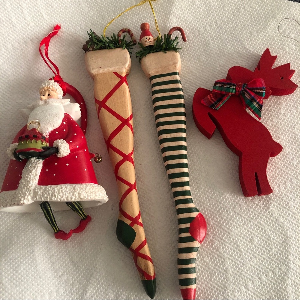 Vintage Christmas Ornament Lot (4) Santa Claus Stockings‎ Reindeer